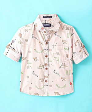 Rikidoos Full Sleeves Animals Printed Shirt - Beige