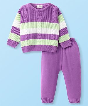 Doodle Poodle Knitted Full Sleeves Striped Sweater Set with Cable Knit Design - Lavender & Lime Green