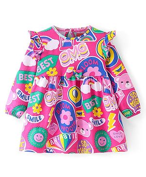 Babyhug Single Jersey Knit Full Sleeves Winter Frock with Frill Detailing & Text Print - Fuschia