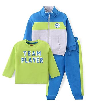 Babyhug Cotton Knit Full Sleeves Front Zipper Sweatshirt With Text Printed T-Shirt & Lounge Pants - Blue Lime & Grey