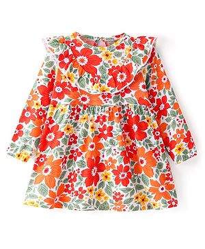 Babyhug Single Jersey Knit Full Sleeves Frock With Floral Print - Multicolor