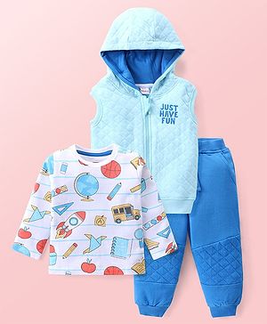 Babyhug Cotton Knit Sleeveless Hooded Front Zipper Jacket With T-Shirt & Lounge Pants Back to School Theme Printed - Blue