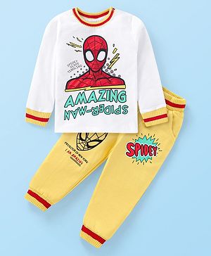 Babyhug Marvel Cotton Knit Full Sleeves T-Shirt & Joggers Set With Spider Man Graphics - White & Yellow