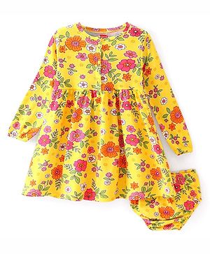 Babyhug Single Jersey Full Sleeves Frock with Bloomer & Floral Print - Yellow