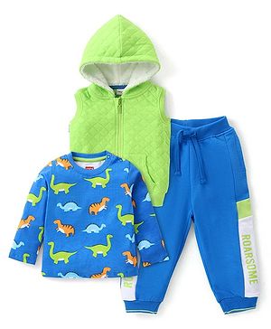 Babyhug Terry Knit Full Sleeves T-Shirt & Pant Set with Hooded Jacket Dino Print - Blue & Neon Green
