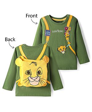 Babyhug DIsney Single Jersey Knit Full Sleeves T-Shirt With Lion king Graphics & Functional Bag Applique - Olive Green