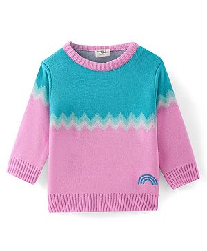 Doodle Poodle Knitted Full Sleeves Pullover Sweater with Colour Block & Jacquard Knit Design - Pink &  Blue