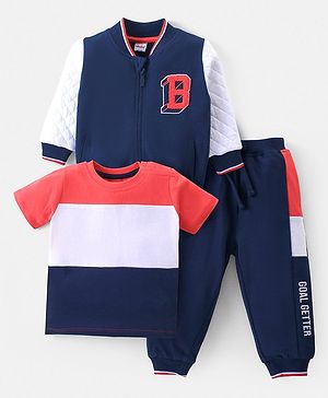 Babyhug Cotton Knit Full Sleeves Front Zipper Bomber Jacket With Color Block T-Shirt & Lounge Pants - Navy Red & White