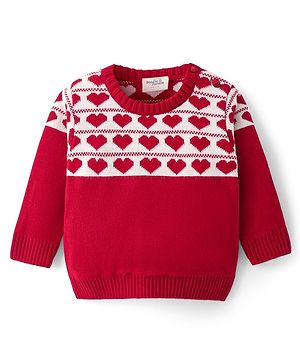 Doodle Poodle Knitted Full Sleeves Pullover Sweater with Jacquard Knit Heart Design - Red