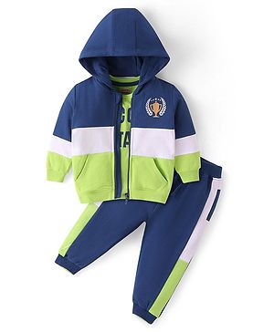 Babyhug Cotton Knit Full Sleeves Front Zipper Color Block Hoodie With T-Shirt & Lounge Pants - Navy Blue & Lime Green