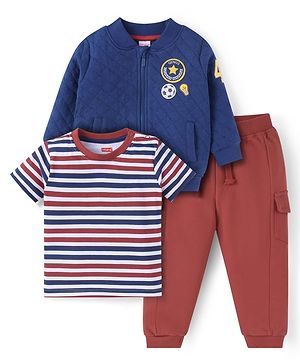 Babyhug Terry Knit Full Sleeves Front Open Sweatshirt & Lounge Pant Set with Striped T-Shirt Ball Patch - Red & Navy