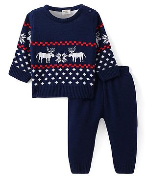 Doodle Poodle Knitted Full Sleeves Sweater Set with Christmas Design - Navy Blue