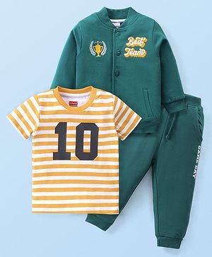 Babyhug Cotton Knit Full Sleeves Jacket With Striped T-Shirt & Lounge Pants - Teal Blue