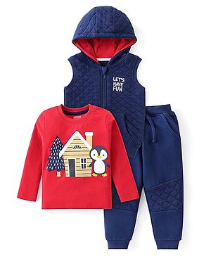 Babyhug Terry Knit Full Sleeves T-Shirt & Pant Set with Hooded Jacket - Penguin Print - Navy Blue