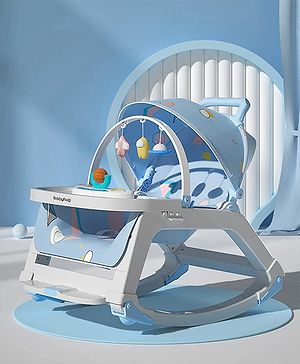 Babyhug New Born to Toddler 5 in 1 Baby Rocker cum Booster Seat with Multi Position Reclining chair I Removable Meal Tray I Hanging Toys & Music - Blue