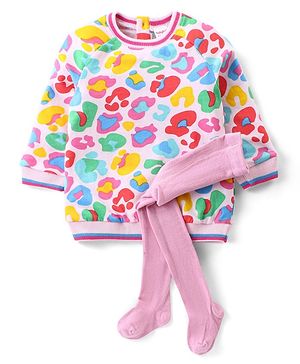 Babyhug Cotton Woven Full Raglan Sleeves Frock with Leggings & Abstract Design - Multicolour