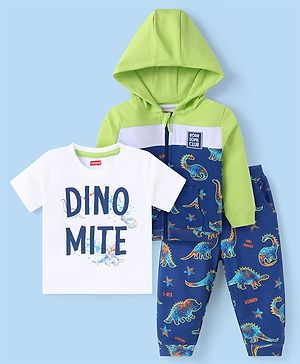 Babyhug Terry Knit Full Sleeves Text & Dino Printed Hooded Sweatjacket & Lounge Pant Set with T-Shirt - Navy Blue & Green
