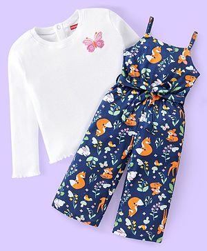 Babyhug Single Jersey Knit Deer Print Jumpsuit with Full Sleeves Inner Top - Navy Blue & White