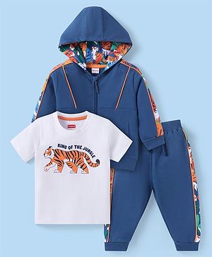 Babyhug Terry Knit Full Sleeves Hooded Jungle & Tiger Printed Sweatjacket & Lounge Pant with T-Shirt - Nay Blue