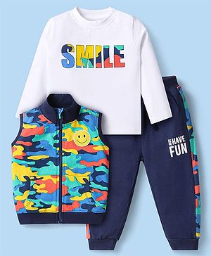 Babyhug Terry Knit Full Sleeves T-Shirt & Pant Set with Jacket Text Print - Navy Blue