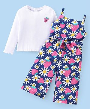 Babyhug Single Jersey Knit Floral Printed Jumpsuit with Full Sleeves Top - Pink & Blue
