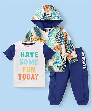 Babyhug Terry Knit Full Sleeves Tropical Theme & Text  Printed Hooded Sweatjacket & Lounge Pant with T-Shirt - Navy Blue