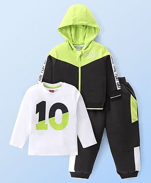 Babyhug Cotton Knit Full Sleeves Front Zipper Color Block Hoodie With T-Shirt & Lounge Pants - Lime & Black