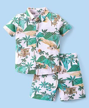 Babyhug Cotton Knit Half Sleeves Shirt & Shorts Co-Ord Set With Tropical Island Print - Multicolor