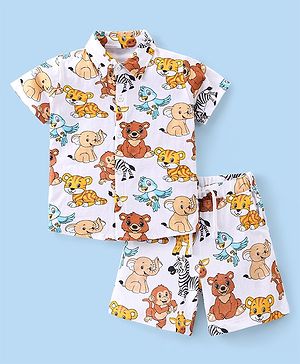 Babyhug Single Jersey Knit Half Sleeves Shirt & Shorts Co-Ord Set With Animals Print - Off White & Yellow