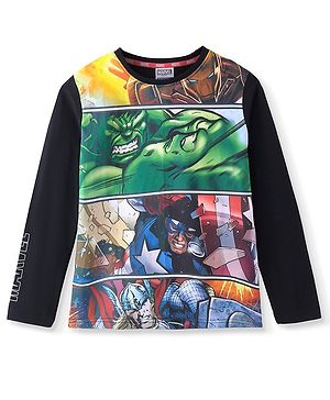 Pine Kids Marvel Cotton Knit Full Sleeves T-Shirt with Avengers Print - Black