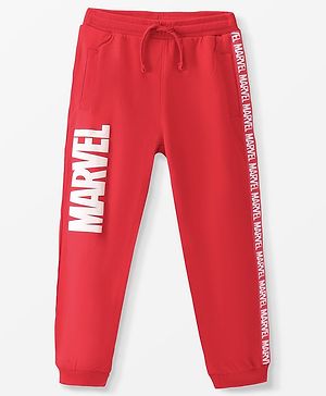 Pine Kids Marvel Cotton Terry Knit Full Length Lounge Pants With Text Puff Print and Tape Detailing - Red