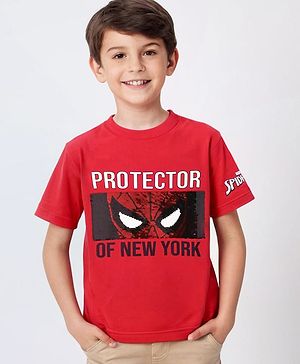 Pine Kids Marvel Cotton Knit Half Sleeves T-Shirt With Spiderman Graphics - Red