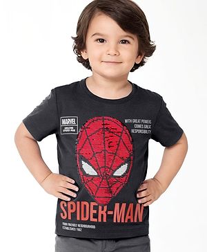 Pine Kids Marvel Cotton Knit Half Sleeves Oversized T-Shirt with Spider Man Graphics & Reversible Sequins - Black