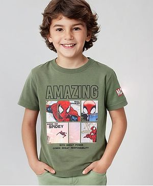 Pine Kids Marvel Cotton Knit Half Sleeves T-Shirt With Spider Man Graphics - Olive Green