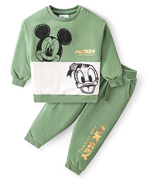 Babyoye Disney Cotton Knit Full Sleeves Sweatshirt & Lounge Pants With Mickey Mouse & Friends Graphics and Foil Print Detailing - Green