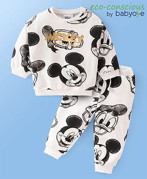 Babyoye Disney Cotton Knit Full Sleeve Sweatshirt & Lounge Pant Set with Mickey Mouse Graphics - White & Black