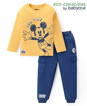 Babyoye Disney Cotton Knit Full Sleeves T-Shirt & Lounge Pants Set With Mickey Mouse Graphics - Gold & Blue