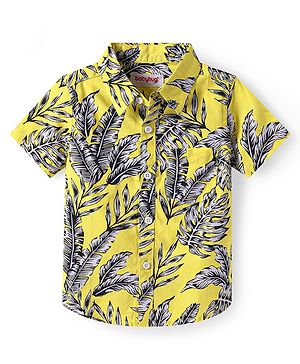 Babyhug Cotton Knit Half Sleeves Shirt with Leaves Print - Yellow