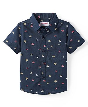 Babyhug Cotton Knit Half Sleeves Shirt with Vehicle Print - Navy Blue