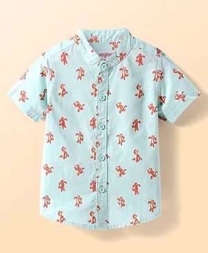Babyhug Cotton Woven Half Sleeves Mandarin Collar Tiger Printed Shirt - Light Blue