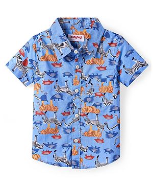Babyhug Cotton Knit Half Sleeves Shirt with Animal Print - Blue
