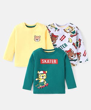 Babyhug Cotton Knit Full Sleeves Animal Printed T-Shirts Pack of 3 - Yellow Dark Green & Off White