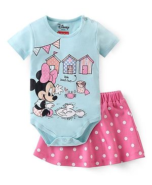 Babyhug Disney Interlock Knit Half Sleeves Onesies & Skirt with Minnie Mouse Graphics & Polka Dot Print  - Blue & Pink
