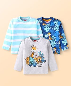 Babyhug Cotton Knit Full Sleeves T-Shirts with Striped & Animal Print Pack  of 3 - Light Blue Grey & Navy