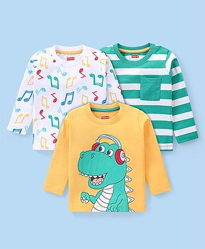 Babyhug Cotton Knit Full Sleeves T-Shirts Dino Print - Yellow & Green