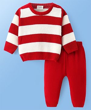 Doddle Poodle Knitted Full Sleeves Pullover Sweater Set with Stripes Design - Red & White