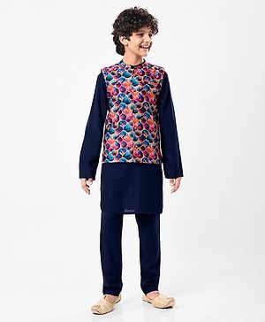 Pine Kids Woven Full Sleeves Solid Colour Kurta Pyjama Set with Floral Printed Nehru Jacket - Navy Blue