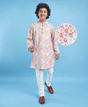Pine Kids Cotton Woven Full Sleeves Floral Print Kurta Pyjama Set - Pink