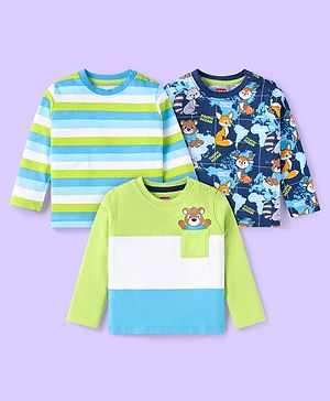 Babyhug Cotton Knit Full Sleeves T-Shirts with Stripes &  Animals  Graphics Pack of 3 - Blue Light Green & White