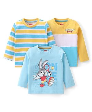 Babyhug Cotton Knit Full Sleeves T-Shirts With Bunny Print Pack of 3 - Blue & Yellow